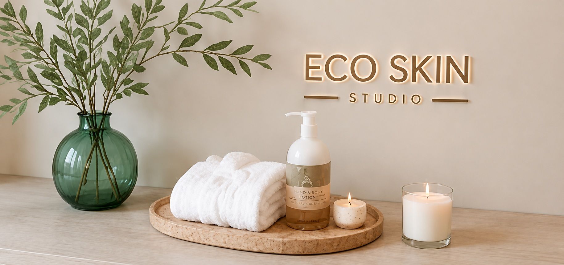 ECO Skin Studio sign above a tray with towels, lotion, and candles