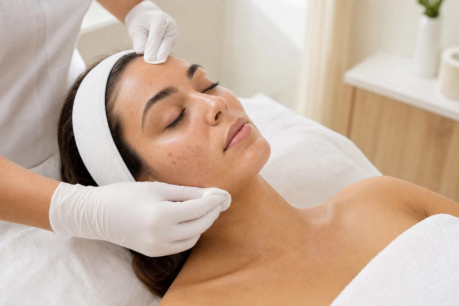 Acne facial treatment in progress at ECO Skin Studio