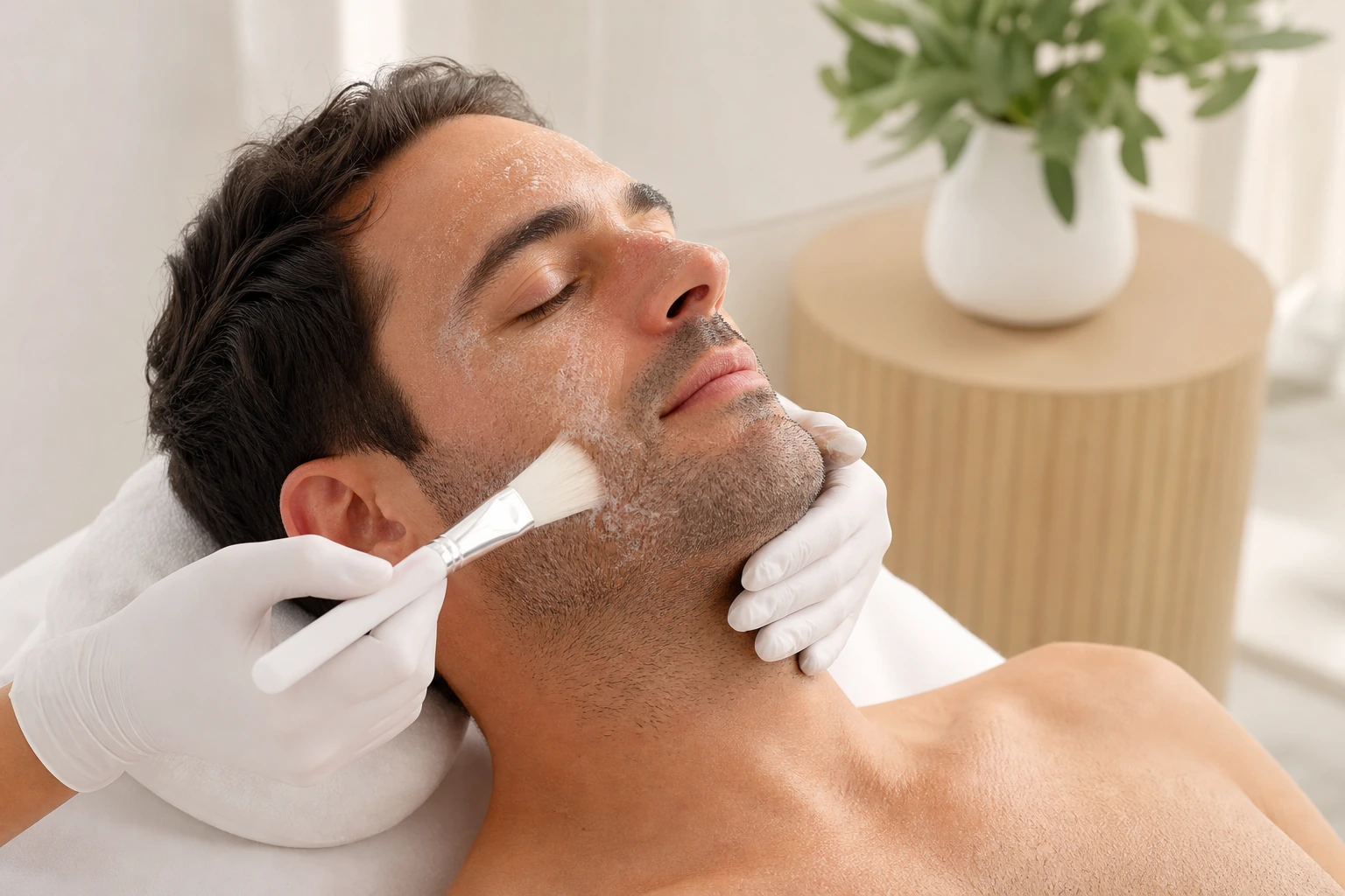 Men's facial treatment in progress at ECO Skin Studio